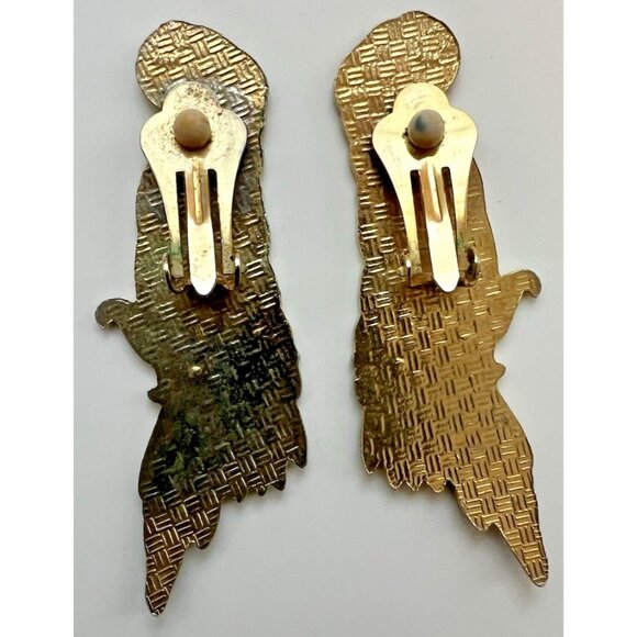 Gold-Toned Enamel Parrot Clip-On Earrings Vintage - Picture 2 of 5